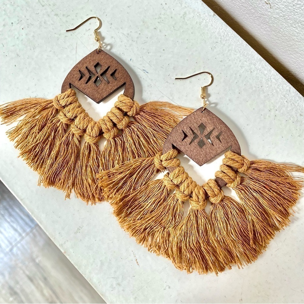 Rustic fringe boho statement earrings w macrame/hippy/cottage core vibe